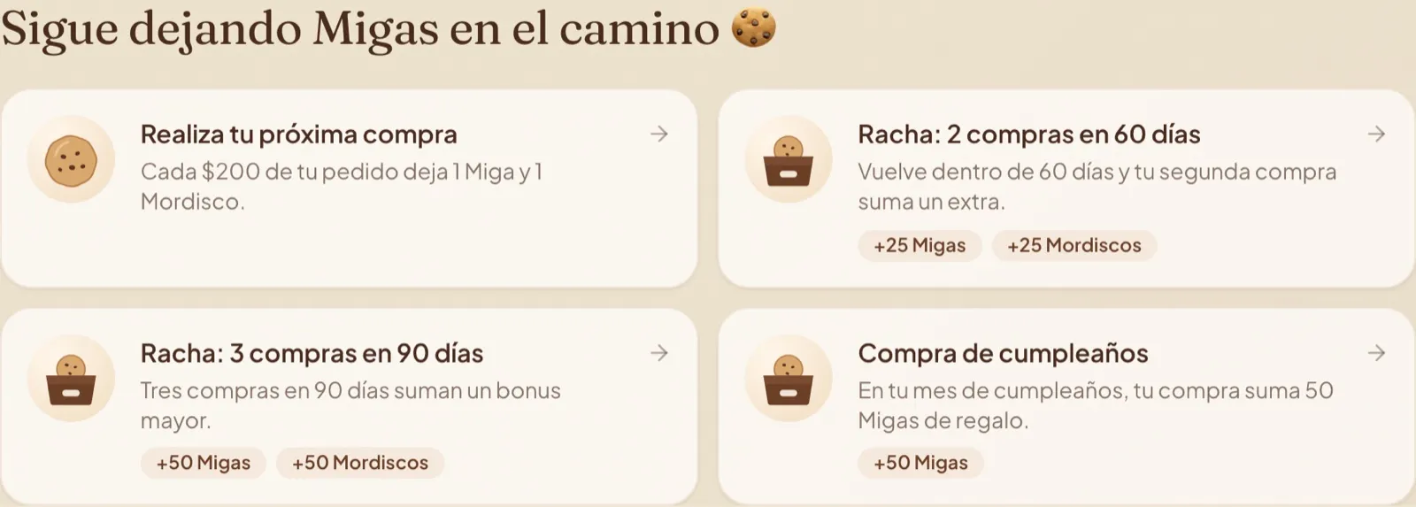 Sigue dejando Migas en el camino: compras, rachas y compra de cumpleaños